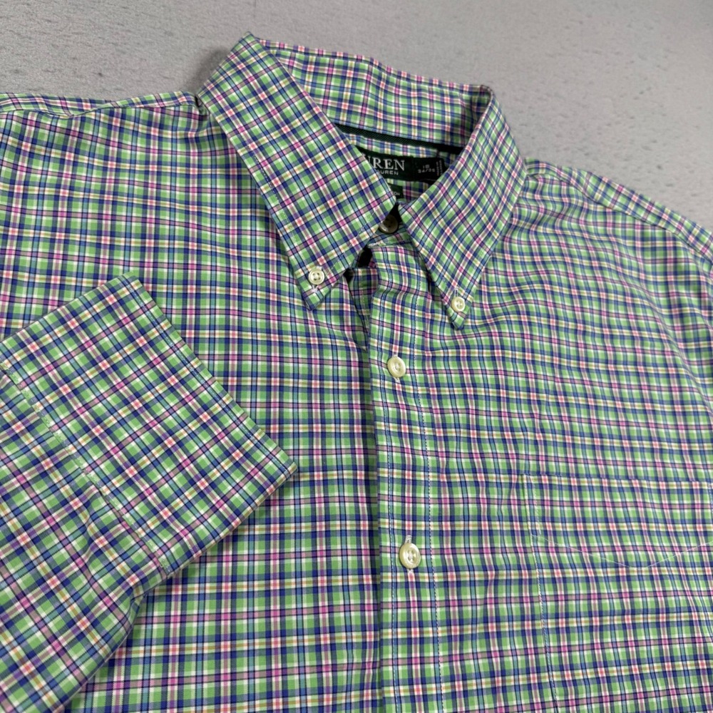 Lauren Ralph Lauren Mens Green Plaid Classic Fit Stretch Non Iron Shirt 18 34/35